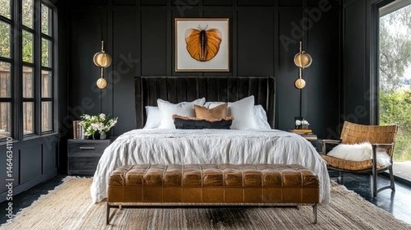 Fototapeta Designer bedroom suite with high-end finishes, statement lighting, and comfortable seating