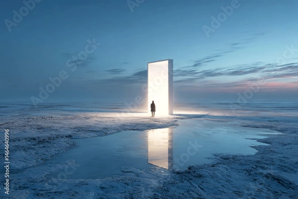 Fototapeta Mysterious person silhouetted against a radiant portal in an icy, barren terrain under twilight sky, reflecting in water and evoking themes of transition and otherworldliness, AI generative