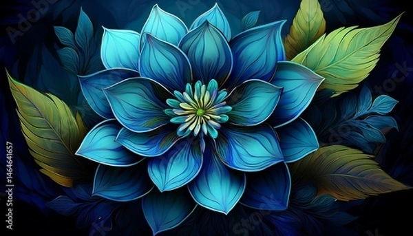 Fototapeta blue flower with a green leaf the flower is in the center of the image