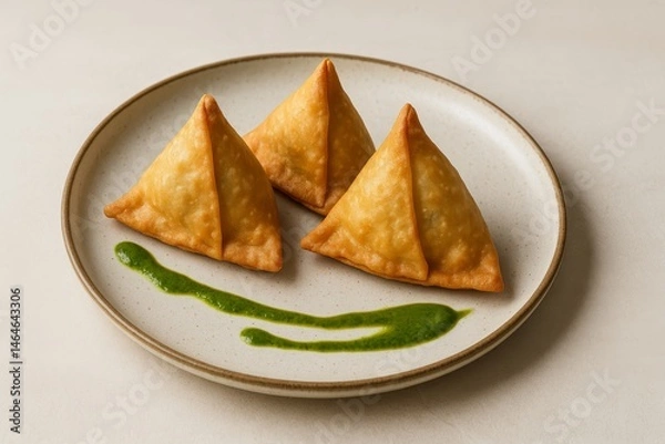Fototapeta Delicious crispy samosas served on a plate with green dipping sauce in a casual dining setting