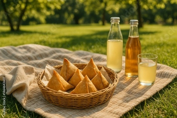 Fototapeta Enjoying delicious samosas and refreshing drinks on a sunny day in the park