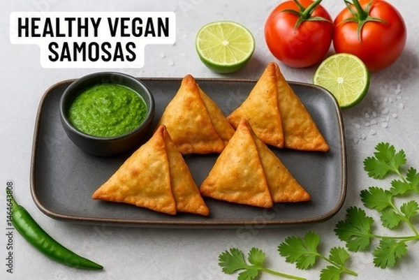 Fototapeta Healthy vegan samosas served with green chutney and fresh vegetables for a delicious snack option