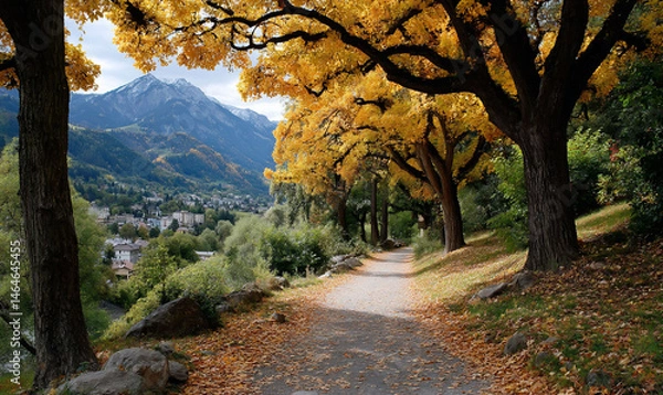 Obraz Scenic path lined with trees in vibrant autumn colors. Mountain range visible in background