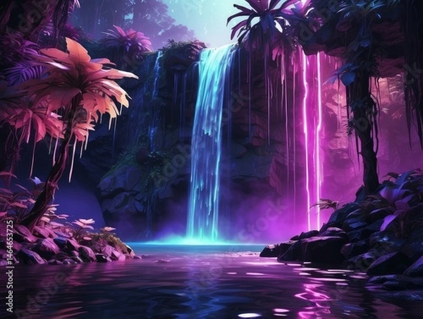 Fototapeta "Magical Waterfall Surrounded by Lush, Glowing Vegetation in Purple and Blue"