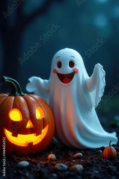 Fototapeta Smiling ghost, carved pumpkin glows, Halloween scene, bright, spooky season, shadows