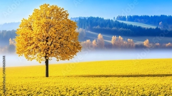 Fototapeta A solitary yellow tree stands in a vibrant field during autumn