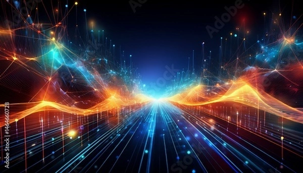 Fototapeta this captivating abstract image features a network of illuminated nodes and energy flowing through space symbolizing connection and technology in a vibrant digital design