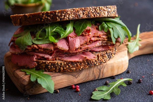 Obraz Pastrami sandwitch, sliced pastrami meat with bread