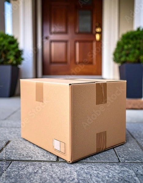 Obraz Cardboard Delivery Box on Doorstep – Realistic Home Delivery, Close-Up