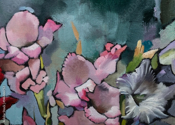 Obraz Oil painting still life with  irises flowers On  Canvas with  texture in in the grayscale