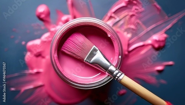 Fototapeta a vibrant close up of a jar of pink paint with a brush resting on top perfect for artistic creations painting projects or craft endeavors