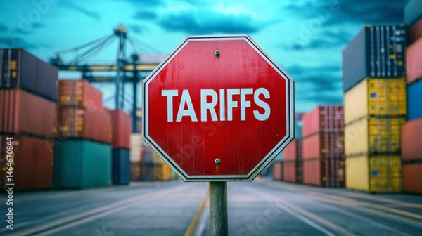 Fototapeta Shipping containers with tariff warning stop sign at a busy port