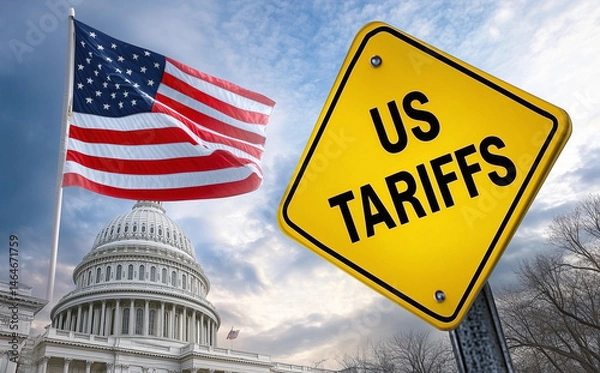 Fototapeta US Tariffs sign with State Capitol building and American flag in background