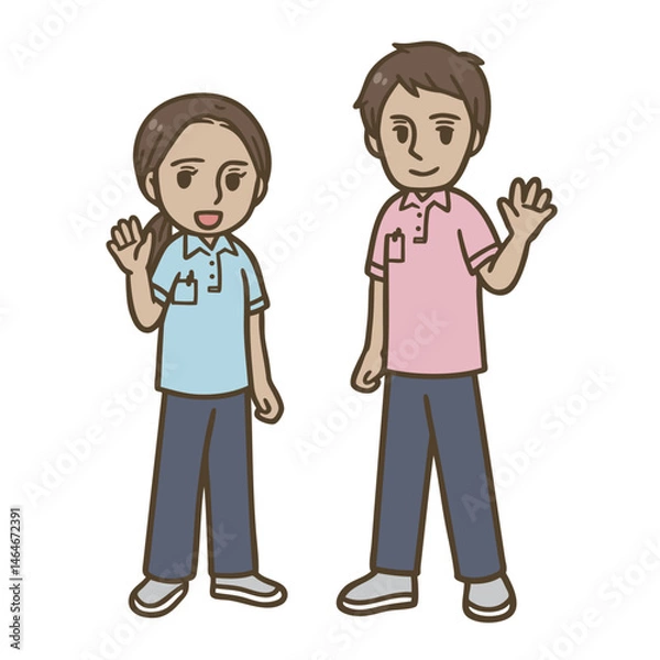 Fototapeta 外国人介護職員の男性と女性のイラスト（制服・挨拶・笑顔）
