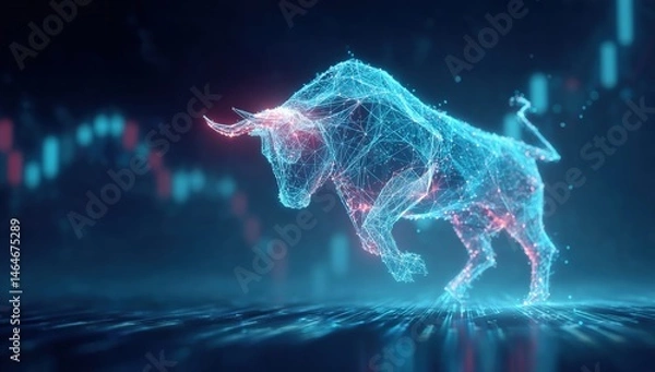 Fototapeta Digital Abstract Artwork of a Bull Silhouette with Neon Lights Representing Strength and Financial Growth in a Futuristic Style