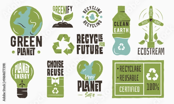 Fototapeta Eco emblems. Large set of eco and recycling trendy logos. Green Planet, Recycle, Clean Earth, Reuse, Planet Energy, EcoStream, Certified icon. Vector illustration.