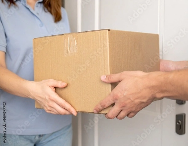 Obraz Courier Delivering Cardboard Box – Realistic Home Delivery, Close-Up