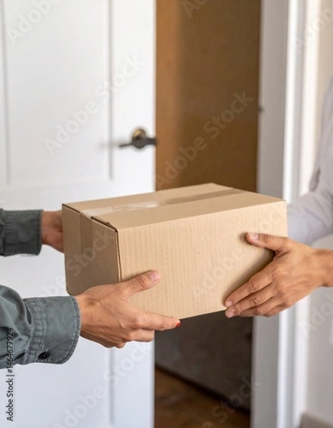 Obraz Courier Delivering Cardboard Box – Realistic Home Delivery, Close-Up