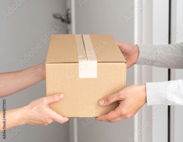 Obraz Courier Delivering Cardboard Box – Realistic Home Delivery, Close-Up