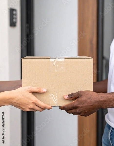 Obraz Courier Delivering Cardboard Box – Realistic Home Delivery, Close-Up