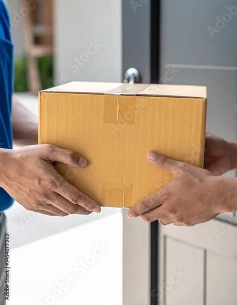 Obraz Courier Delivering Cardboard Box – Realistic Home Delivery, Close-Up