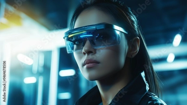 Obraz Confident female engineer wearing AR glasses standing in smart factory environment. Modern industrial technology and innovation in future engineering career.