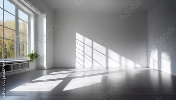 Fototapeta a clean white room with sunlight streaming in through the window casting shadows on an empty wall