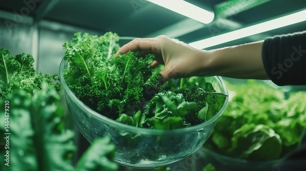 Obraz Hands harvesting fresh organic leafy greens in modern urban vertical hydroponic farm under LED glow lights. 