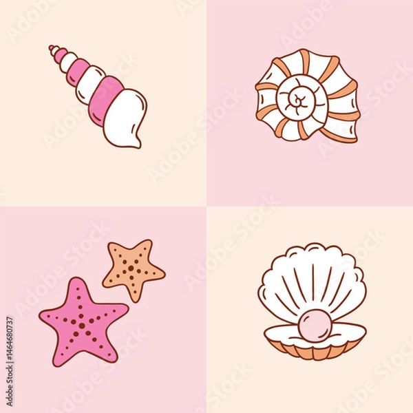 Fototapeta Cute vector shell, pearl and seastar. Hand drawn marine life artwork. Perfect for sticker, tee shirt logo, greeting card, poster or nursery print design. EPS 10 vector file.