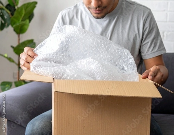 Obraz Person Unboxing Online Shopping Delivery – Realistic Packaging Experience, Close-Up