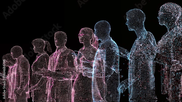 Obraz digital human figures made of particles and light trails, abstract technology background with glowing data visualization, virtual identity and network connection concept in neon gradient style