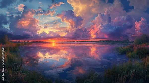 Obraz Vibrant Sunset over Calm Lake with Colorful Clouds and Water Reflection