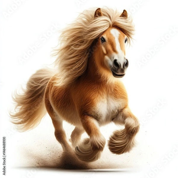 Obraz Horse 2026. A horse with flowing hair running across a dusty surface, creating a cloud of dust behind it. The horse's mane is long and flowing, and its legs lift the ground as it moves.