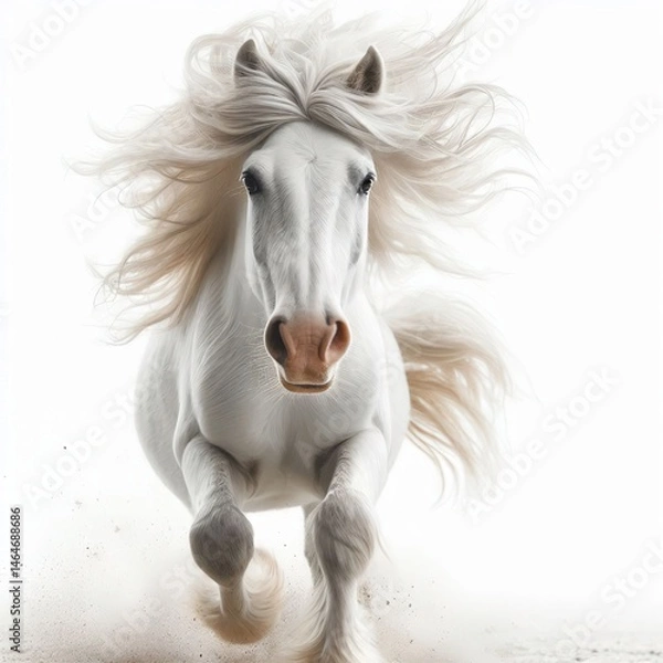 Obraz Horse 2026. A horse with flowing hair running across a dusty surface, creating a cloud of dust behind it. The horse's mane is long and flowing, and its legs lift the ground as it moves.