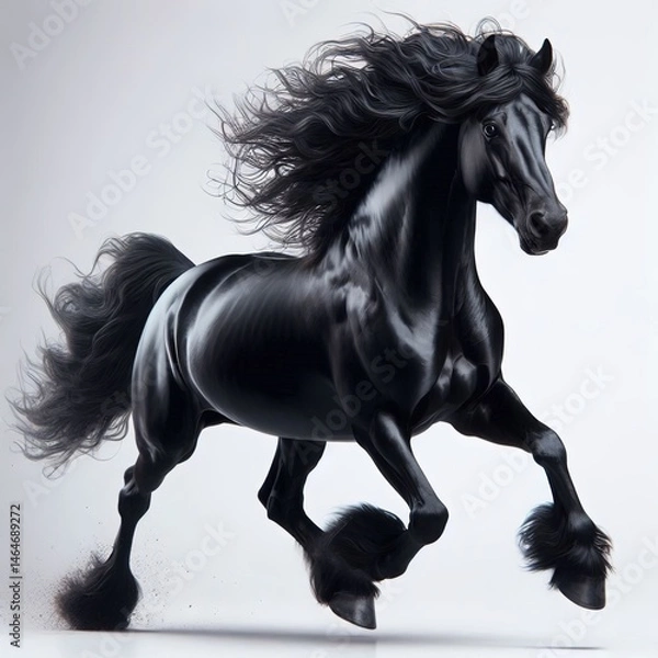 Obraz Horse 2026. A horse with flowing hair running across a dusty surface, creating a cloud of dust behind it. The horse's mane is long and flowing, and its legs lift the ground as it moves.