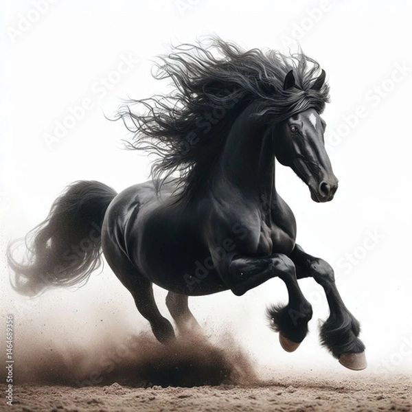 Obraz Horse 2026. A horse with flowing hair running across a dusty surface, creating a cloud of dust behind it. The horse's mane is long and flowing, and its legs lift the ground as it moves.