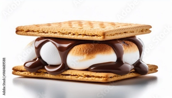 Fototapeta delicious smores sandwich with melted chocolate and gooey marshmallow between crispy graham crackers isolated on white