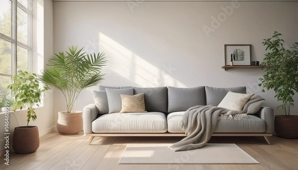 Fototapeta Helles skandinavisches Wohnzimmer mit minimalistischer Einrichtung
