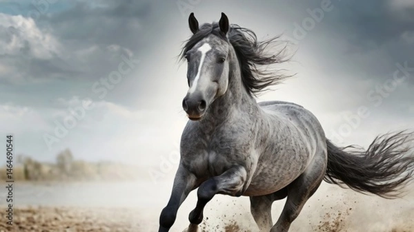 Obraz Horse 2026. A horse with flowing hair running across a dusty surface, creating a cloud of dust behind it. The horse's mane is long and flowing, and its legs lift the ground as it moves.