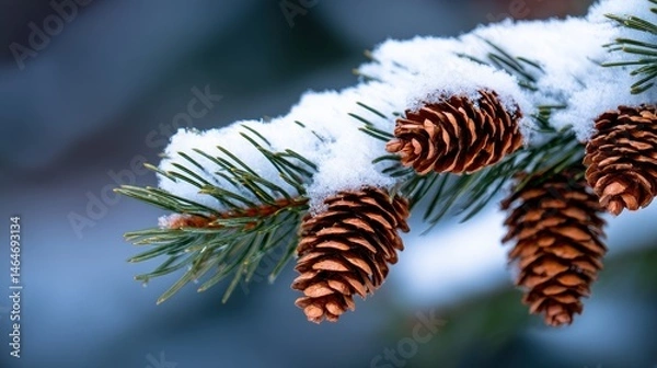 Fototapeta Close-up of snowy pine branches adorned with pine cones, creating a serene winter scene