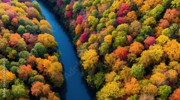 Fototapeta Aerial view of vibrant autumn forest with colorful trees surrounding a winding river