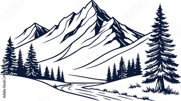 Obraz Hand drawn line art mountain design. Mountains and pine trees illustration. Minimalist line art of mountains and pine trees