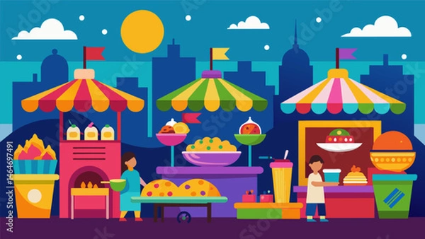 Fototapeta A colorful array of food stalls enticing festivalgoers to gather and indulge in a variety of flavors and cuisines.. Vector illustration