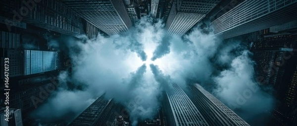 Fototapeta Urban Skyline Pierced by a Dense, Misty Cloud