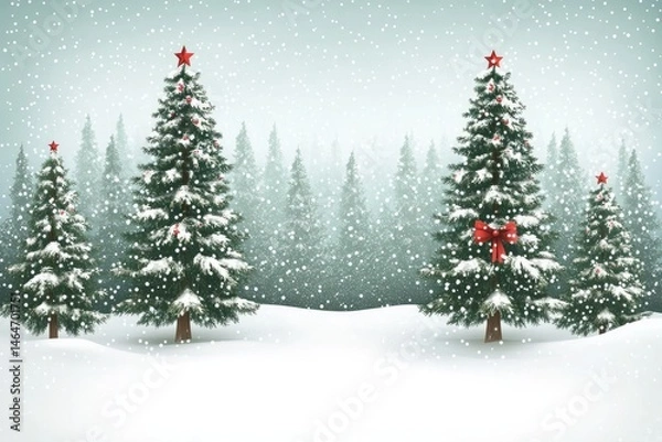 Fototapeta Snowy winter forest scene with Christmas trees.  Frosted evergreen trees stand in a snowy landscape, adorned with red ornaments and a red bow. Soft snowfall creates a serene winter wonderland