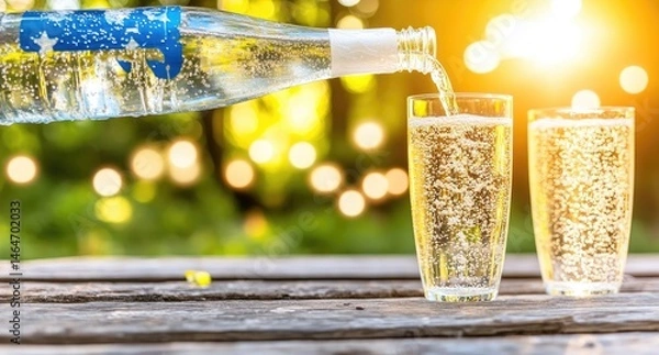 Fototapeta Sparkling water being poured into two glasses on a wooden table outdoors, bathed in golden sunlight.  The background is a blurred garden with bokeh effect
