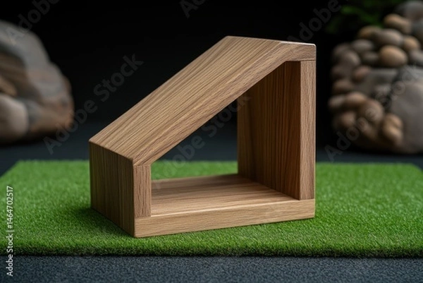 Fototapeta Wooden triangular display shelf, light brown, simple, modern design, for small items