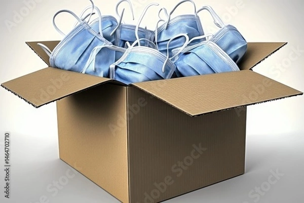 Fototapeta A cardboard box overflowing with light-blue face masks.  Many masks are visible within the box, their strings loosely hanging