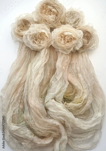 Fototapeta Delicate, flowing fabric draped, accented with clustered, light beige rose-like blossoms.  Soft, pastel tones and flowing lines create a gentle, airy aesthetic