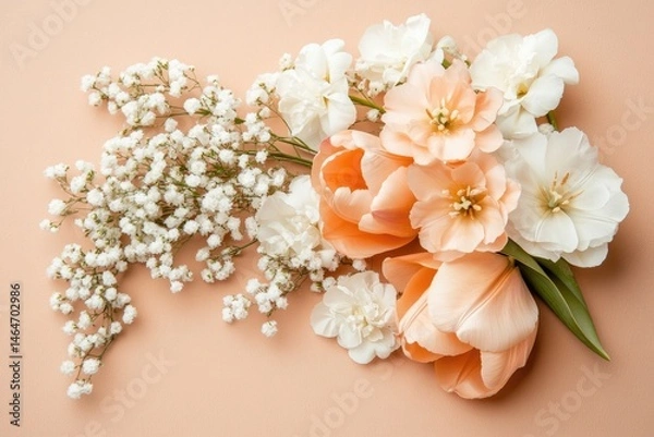 Fototapeta Delicate arrangement of peach and white flowers.  Soft pastel blooms, including tulips, carnations, and gypsophila, arranged artistically on a peach backdrop